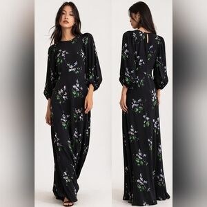 New Les Rêveries Floral Silk Maxi Dress Balloon Sleeves Black Green Lavender